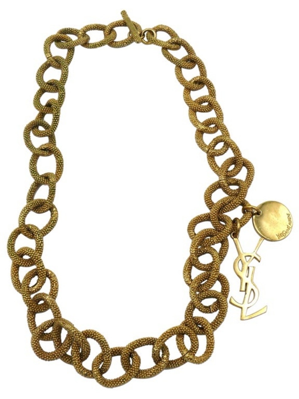 Auth YVES SAINT LAURENT Vintage YSL Gold Tone Chain Logo Charm Long Necklace